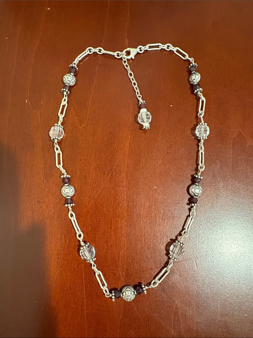 1990’s Sterling Silver, Garnet, Crystal Necklace -Adj. 15” to 16” w/Crystal Drop